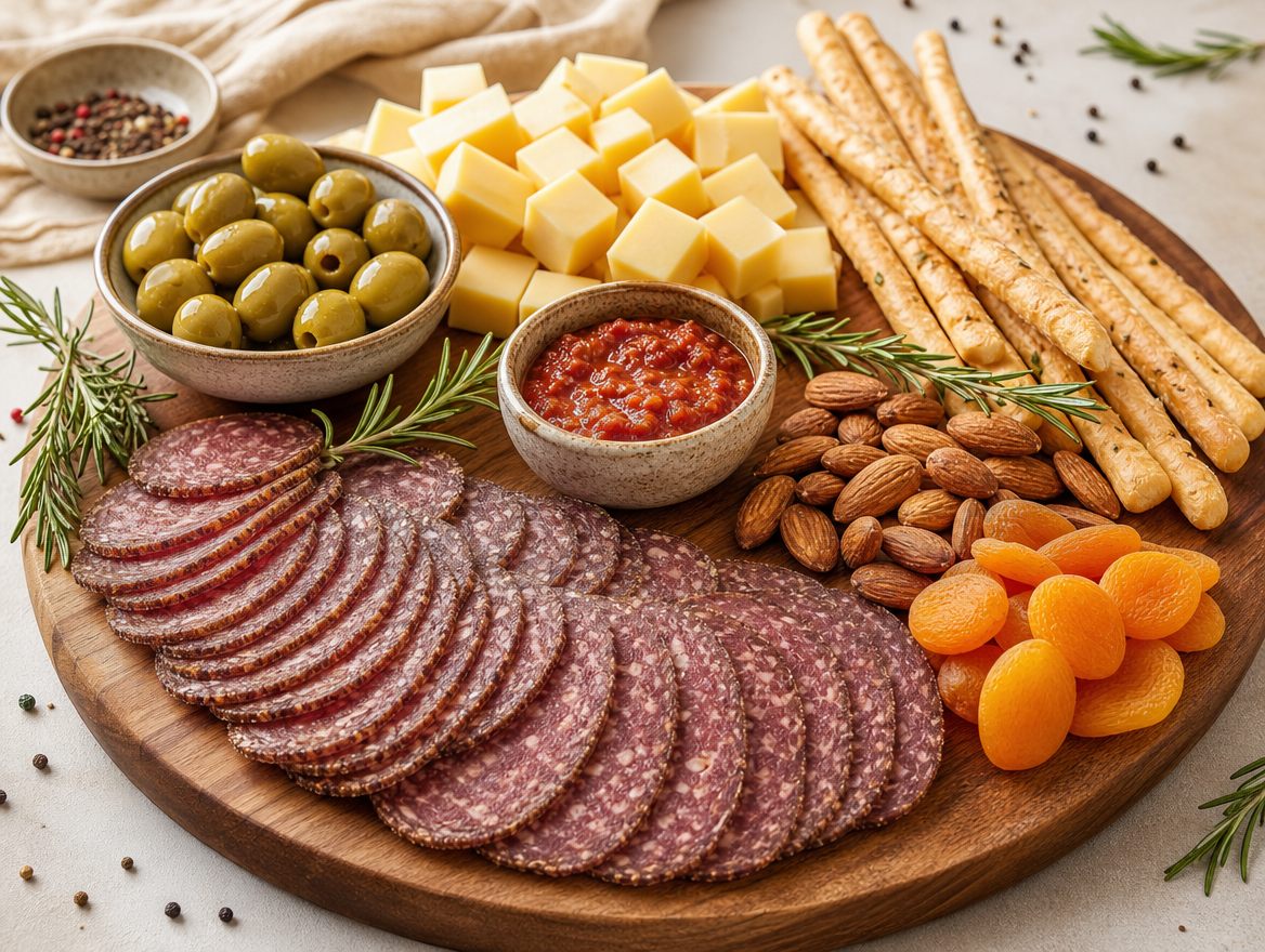 Plateau apéro : saucisson sec, olives et fruits secs