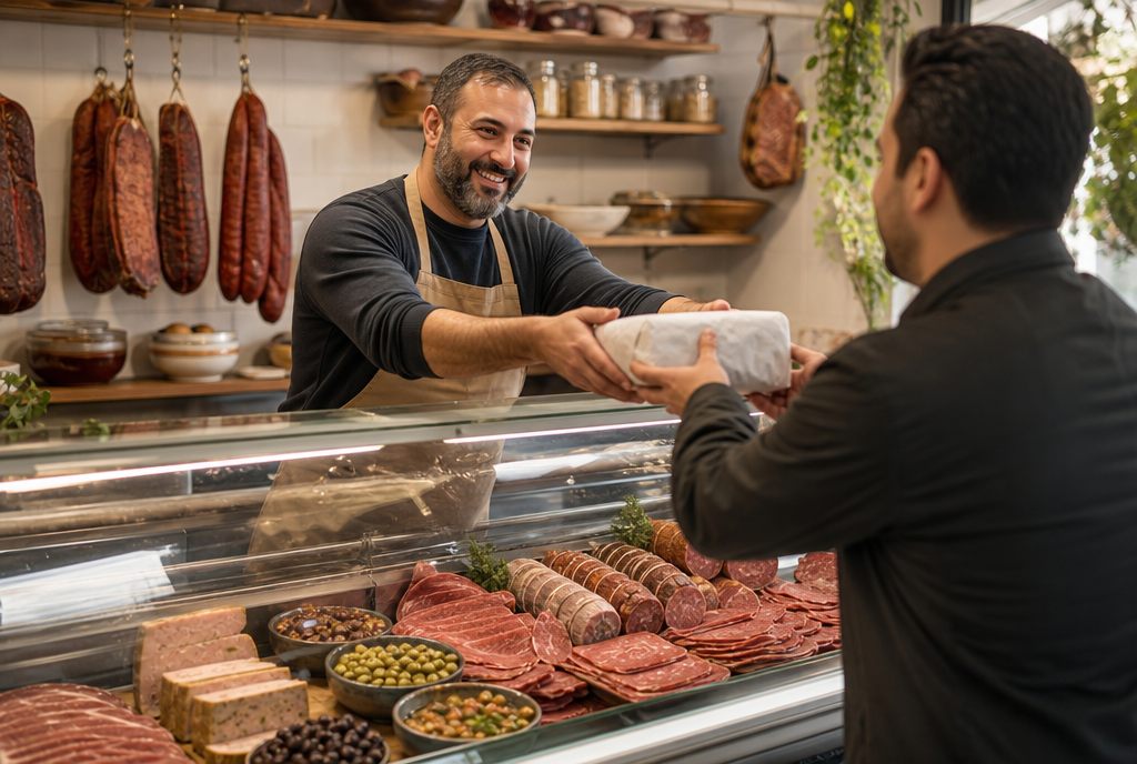 Commerçant derrière son comptoir de charcuterie halal