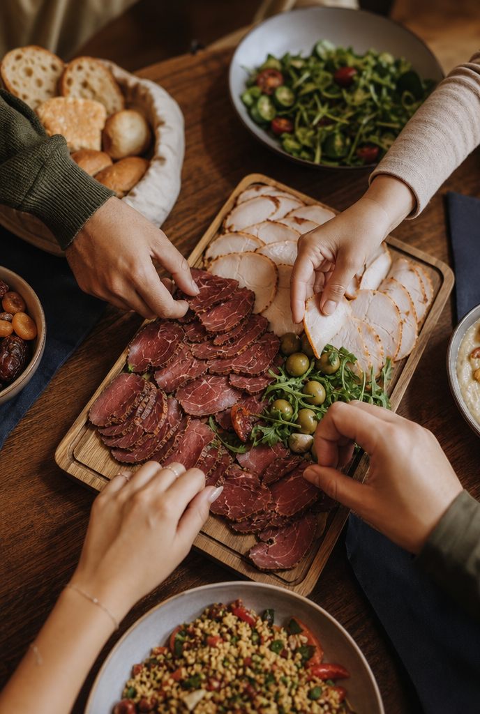 Des amis se partagent des tranches de charcuterie halal autour d'une planche