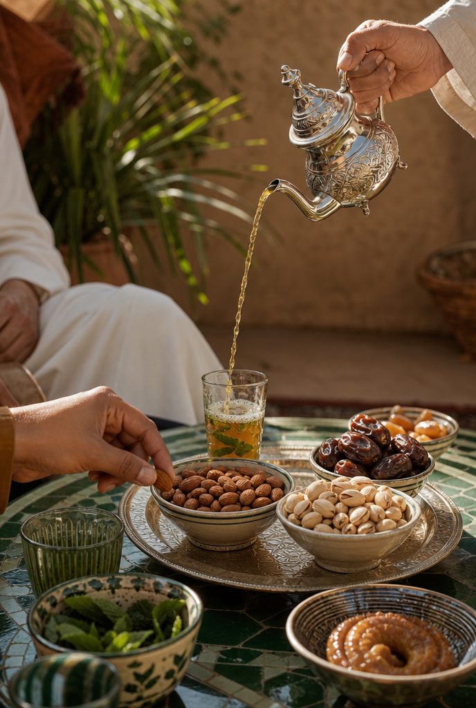 Thé à la menthe versé en arc au-dessus de fruits secs partagés