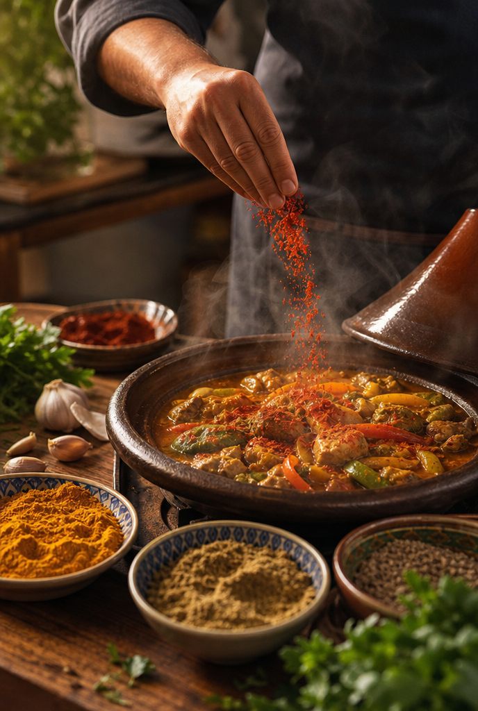Main qui saupoudre du paprika sur un plat qui mijote