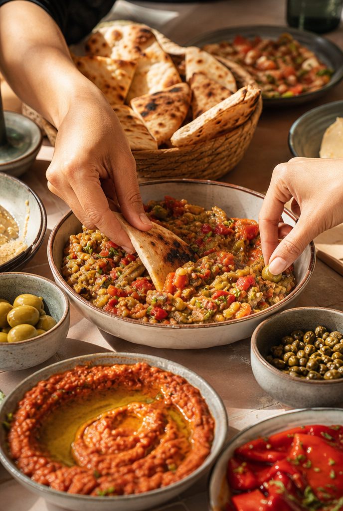 Pain plat trempé dans la mechouia et olives partagées à table
